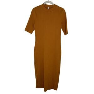 Anthropologie Daily Practice Mustard Midi Dress Neck Ribbed Knit Size Small